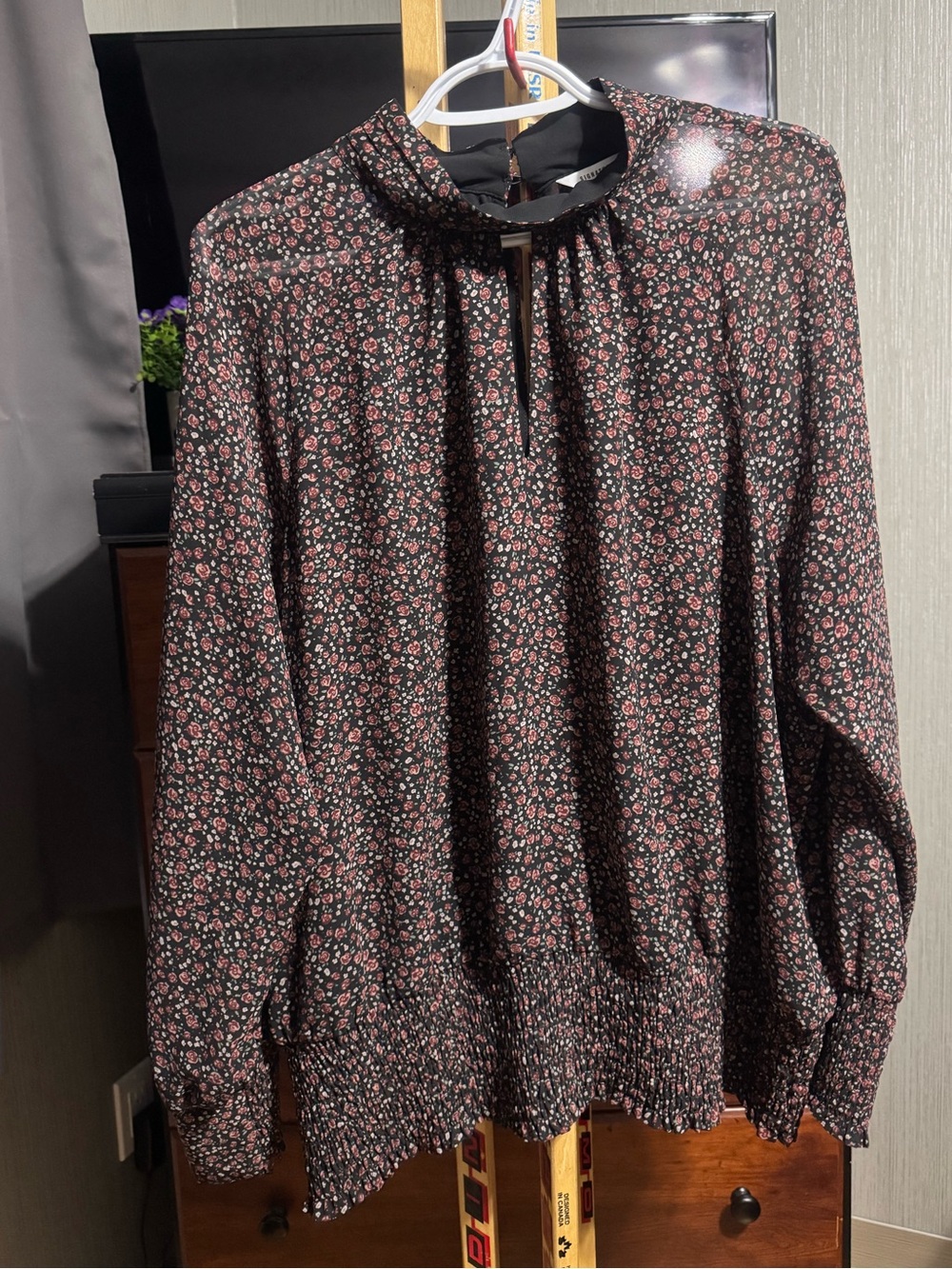 Signature by Reitmans Black Floral Mock Neck Smocked Hem Long Sleeve Blouse XXL